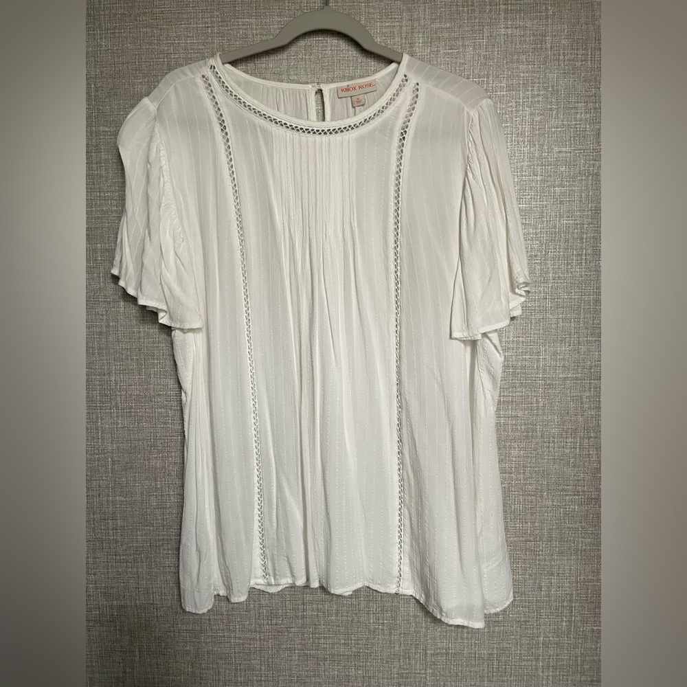 Knox Rose White Pintuck Lace-Trim Short Sleeve Blouse